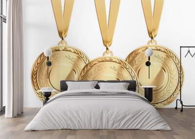 Three empty winner golden medal set isolated on transparent background. First, second and third place in competition. Game champion prize award of honor. Collection for design Wall mural