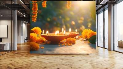 Traditional Indian background with diya lamp on podium and marigold flowers. Hindu Puja. Festival Vishu celebration. Template with copy space for holiday Ugadi, Gudi Padwa, Diwali or Day of the Dead Wall mural