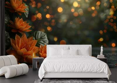 Traditional indian burning lamp and orange flowers. Ethnic decorations for Indian festival of lights Diwali and Pongal. Ugadi, Gudi Padwa. Hindu New Year. Religion concept with copy space Wall mural