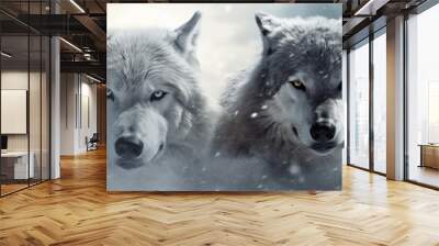 Two beautiful wild arctic wolves in wolf pack in cold snowy winter forest. Couple of gray wolves. Banner or background with wild animals in nature habitat. Wildlife scene Wall mural