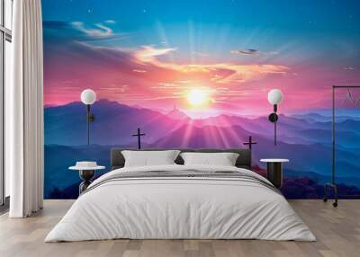 Two cross at sunrise symbolizes the gate to heaven, road, passage or ascension. Resurrection. Easter morning, Good Friday. Religion and christianity concept Wall mural