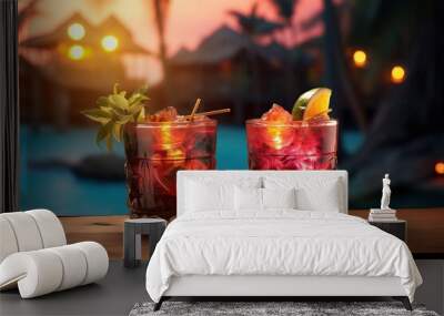 Two exotic hawaii cocktails in rays of sun on blurred tropical background. Long drink or summer cold mocktail. Fresh summer cold alcohol drinks. romantic date or honeymoon in hotel. Travel concept Wall mural