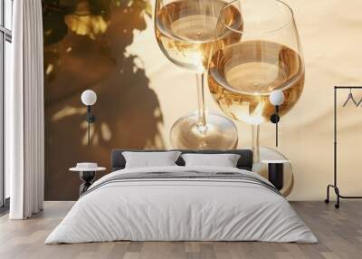 two glass with white wine on light yellow background. wineglasses. summer drink for party, wine shop Wall mural