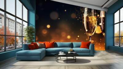 Two glasses of champagne on dark background with lights bokeh, glitter and sparks. Christmas celebration concept with space for text	 Wall mural