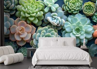 Various type of succulent cactus plants on blue background. Colorful miniature plants pattern.  Botanic garden. Love nature, home plant concept. Flat lay, top view Wall mural