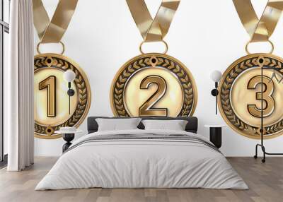 Winner golden medal set isolated on transparent background. First, second and third place in competition. Game champion prize award of honor. Collection for design Wall mural