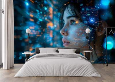 Woman working with virtual computer. Girl using modern computer surfing futuristic metaverse. Cyber world and digital data. Augmented reality, future innovative technology and programming concept Wall mural