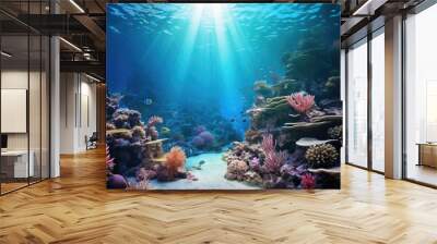 World ocean wildlife landscape, sunlight through water surface with coral reef on the ocean floor, natural scene. Abstract underwater background Wall mural