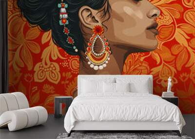 Young hindu woman with kundan jewelry. Beautiful indian or muslim girl, bride on her wedding day. Modern fashion concept. Bollywood dancer. Illustration for interior poster, banner, card, design  Wall mural