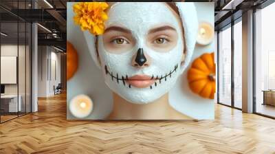 Young woman with clay facial mask and sugar skull makeup in spa salon decorated pumpkins, flowers and candles. Dia de los muertos, Day of the dead, Halloween. Facial and body treatment, skincare Wall mural