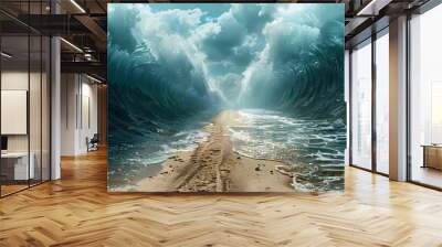 Сomposite of the ocean opening up to form a canal. Moses separate the sea in exodus. Israelites crossing the red sea. Biblical and religion illustration. Happy Passover, Pesah Wall mural