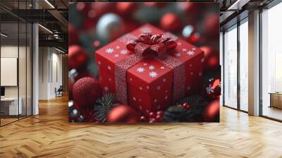 A beautifully wrapped red gift box surrounded by festive ornaments and greenery. Wall mural