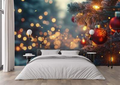 A festive Christmas tree adorned with red ornaments and warm lights. Wall mural