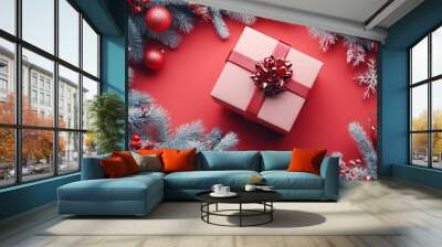 A festive gift box surrounded by holiday decorations and ornaments. Wall mural