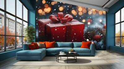 A festive red gift box adorned with a bow, surrounded by holiday decorations and snow. Wall mural