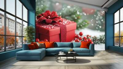 A festive red gift box adorned with a bow, surrounded by snow and holiday greenery. Wall mural