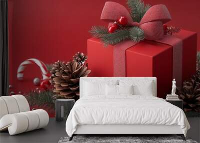 A festive red gift box adorned with pinecones, candy canes, and holiday greenery. Wall mural