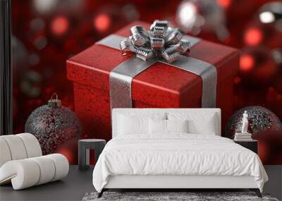 A festive red gift box surrounded by shiny ornaments, evoking holiday cheer. Wall mural