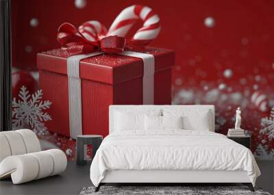 A festive red gift box with a bow, surrounded by candy canes and snowflakes. Wall mural