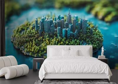 A miniature cityscape surrounded by lush greenery and water, showcasing urban and natural harmony. Wall mural