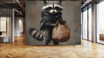 A raccoon wearing a cloak holds a bag labeled 