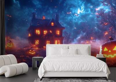 A spooky Halloween scene featuring a haunted house and glowing jack-o'-lanterns. Wall mural