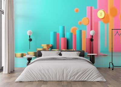 Colorful graphic representation of financial growth with coins and bar charts, illustrating modern economic trends. Wall mural