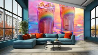 Rainbow smoothies with digital elements overlay, creating a futuristic Pride celebration, Digital Art, neon colors, high contrast, modern aesthetic Wall mural