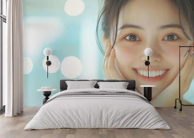 A cheerful young woman smiles warmly, showcasing her happiness and bright demeanor in a softly lit environment. Wall mural