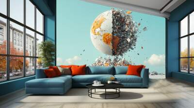 A globe split in two by a high wall of tariffs and sanctions, global division, trade war concept Wall mural