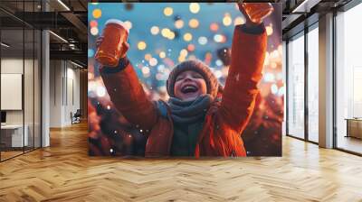 A joyful child celebrating with beer mugs, surrounded by festive lights and snow, capturing the spirit of celebration. Wall mural