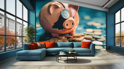 Broken Piggy Bank with Scattered Coins Representing Financial Instability Wall mural