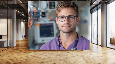 Close up portrait of a focused serious looking surgical resident wearing purple medical scrubs with medical equipment and tools slightly out of focus in the background Wall mural