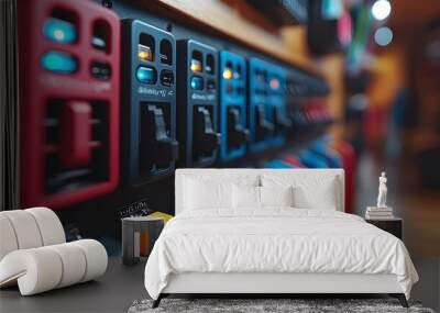 Close up View of Organized Multi Outlet Electrical Connections and Devices Wall mural