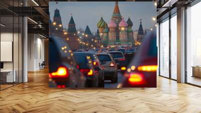 Congested Traffic in Front of the Kremlin with St  Basil s Cathedral in the Background Wall mural