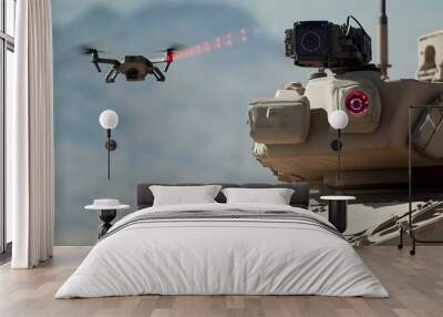 Detailed close up view of an advanced anti drone laser defense system mounted on top of an armored military vehicle Wall mural