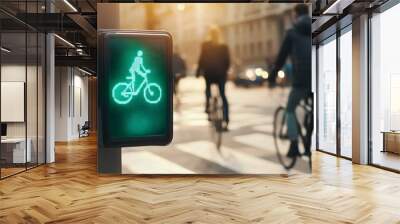 Detailed view of a crosswalk signal displaying a green bike symbol with blurred pedestrians and cyclists in the background highlighting urban transportation and sustainable mobility Wall mural