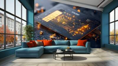 Digitally rendered abstract of a credit card featuring a glowing mesh design with circuit like patterns across its surface Wall mural