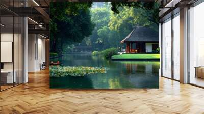 Elegant Traditional Thai Water Pavilion with Ornate Wooden Architecture Standing Over a Serene and Tranquil Pond Reflecting the Building s Intricate Designs Wall mural