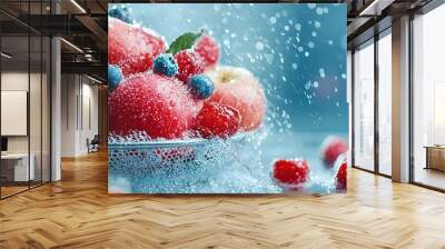 Fresh ripe organic apples and berries being rinsed in a metal colander with clear water spray visible showcasing the natural textures colors and of the healthy produce Wall mural