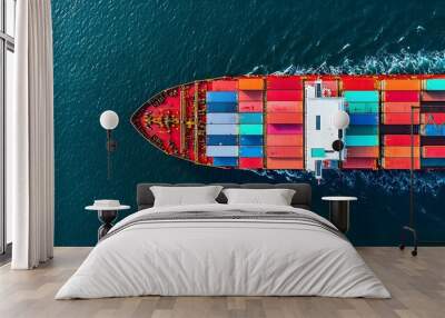 Fully Loaded Cargo Ship Sailing Across the Open Ocean with Colorful Shipping Containers Onboard Representing Global Trade and Logistics Wall mural