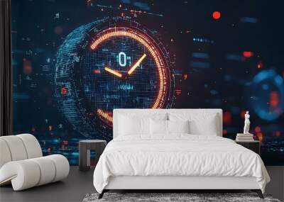 Futuristic digital clock with intricate glowing mesh lines representing the concepts of time management data analytics and productivity in a modern business setting Wall mural