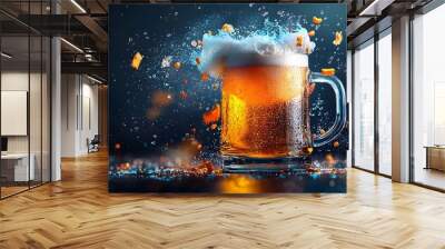 Futuristic glowing mesh beer mug overflowing with vibrant neon foam against a dynamic colorful abstract background  Experimental digital art with a cyberpunk modern and unique visual style Wall mural