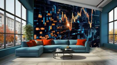 Glowing abstract mesh with rising and falling neon lines representing market data and financial trends  This modern futuristic 3D features a dynamic connected geometry with a minimalist Wall mural