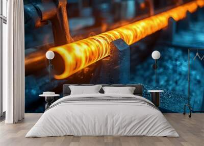 Glowing Steel Billet Processed Through Rolling Mill Producing Long Metal Rods Wall mural