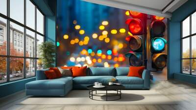 Glowing Traffic Signals Shining Brightly Among Illuminated Streetlights and Vehicles in Vibrant Night City Landscape  Urban Transportation Infrastructure and Lighting Scene Wall mural