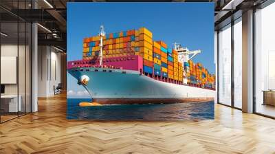 Imposing cargo vessel transporting a full load of colorful shipping containers across the vast open ocean showcasing the scale and efficiency of global trade and logistics Wall mural