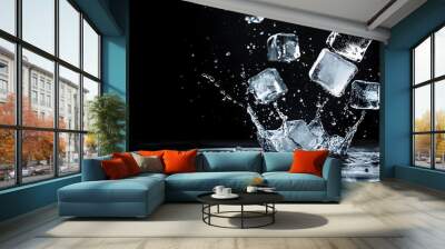 Melting ice cubes dropping in slow motion and creating overlapping ripples on a black background  Abstract minimalist and dynamic liquid and motion composition Wall mural