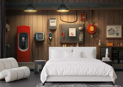 of a home garage equipped with charging station and safety accessories for electric vehicles  The garage features power outlets cords and other necessary equipment for EV charging and maintenance Wall mural