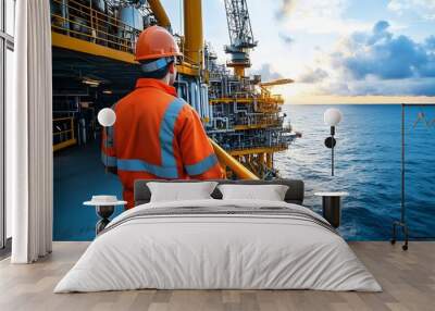 Offshore Petroleum Engineer Overseeing Drilling on Oil Rig with High Tech Equipment Wall mural